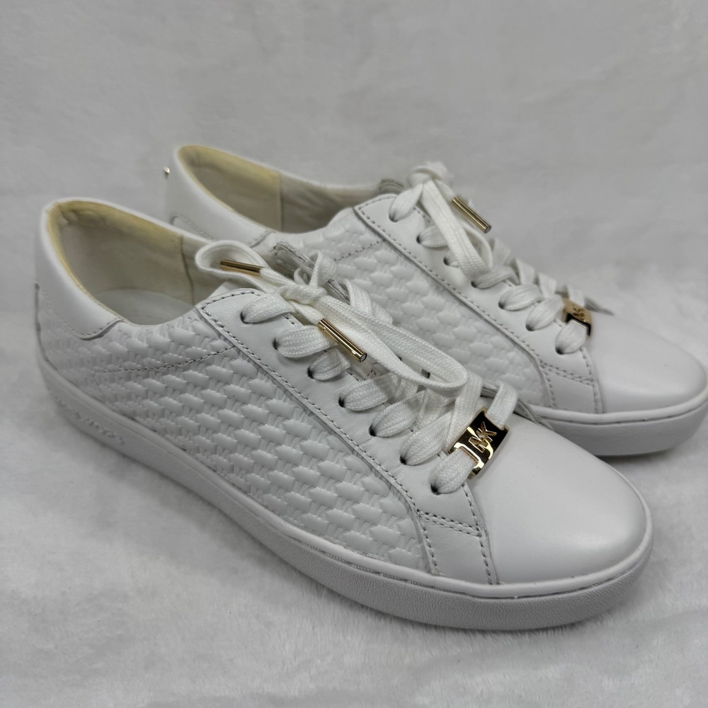 NEW Michael Kors Keaton White Leather Embossed MK Logo Sneakers Gold Hardware 7M
